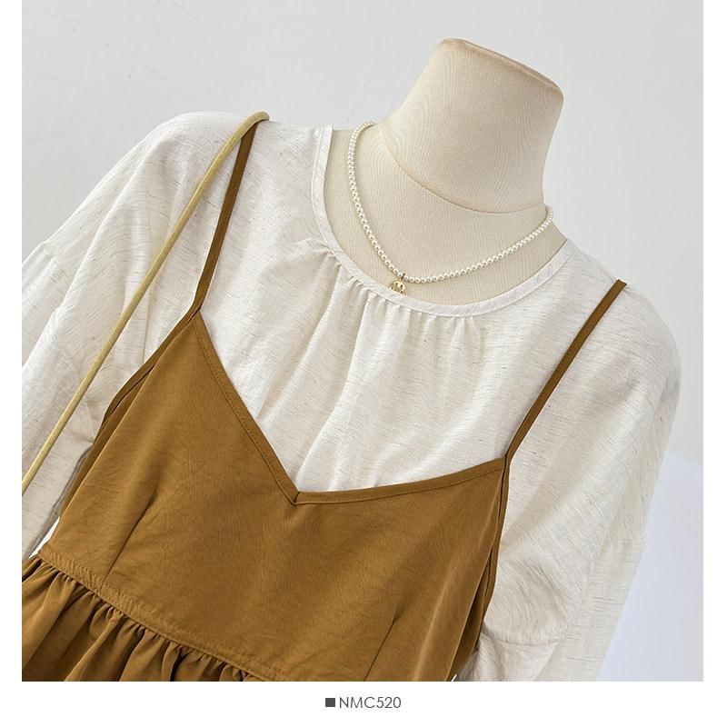 Round Neck Plain Shirt & Peplum V-Neck Cami Set