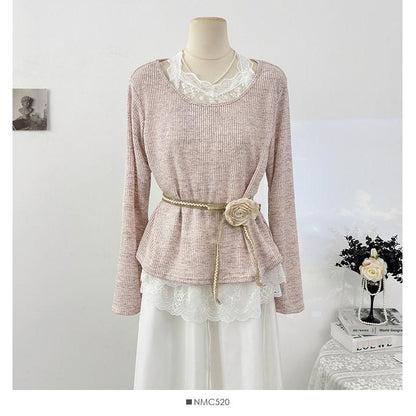 Lace Trim Mock Two-Piece Long-Sleeve Tee