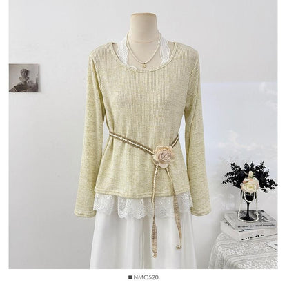 Lace Trim Mock Two-Piece Long-Sleeve Tee