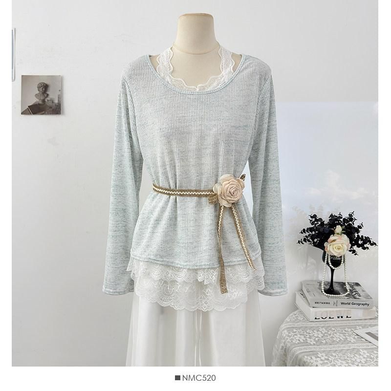 Lace Trim Mock Two-Piece Long-Sleeve Tee