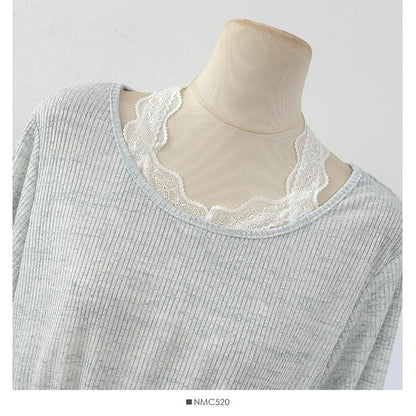 Lace Trim Mock Two-Piece Long-Sleeve Tee