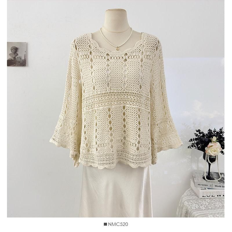 Scallop Trim Flared-Sleeve Knit Top