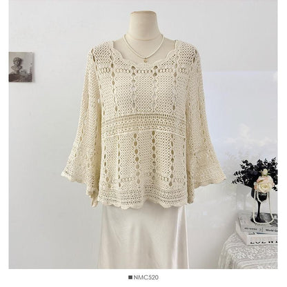 Scallop Trim Flared-Sleeve Knit Top