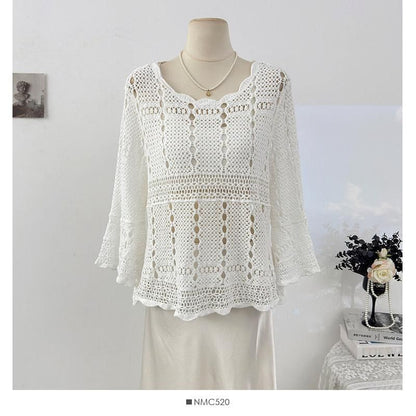 Scallop Trim Flared-Sleeve Knit Top
