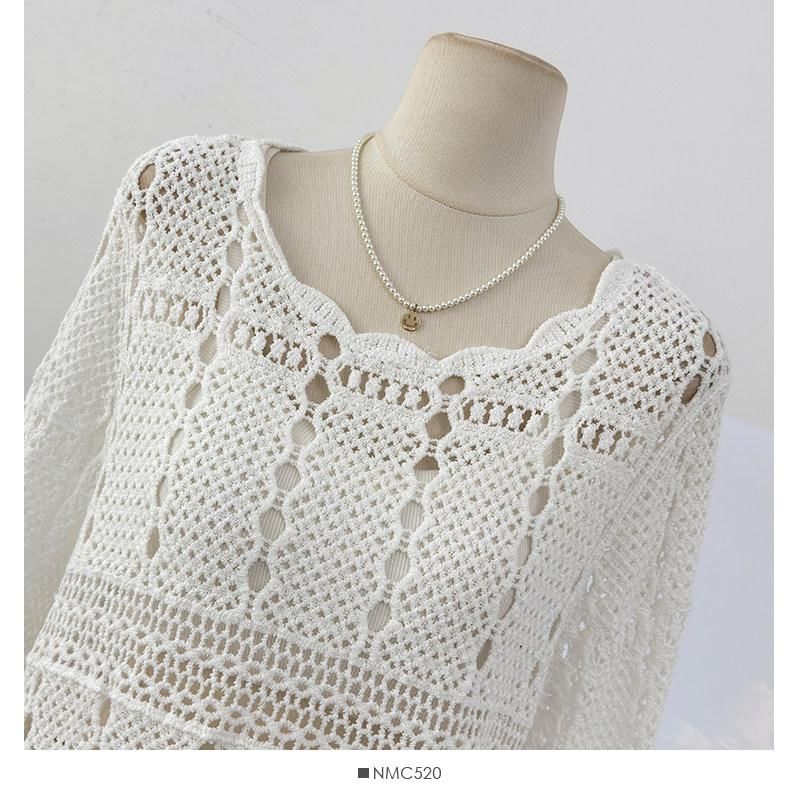 Scallop Trim Flared-Sleeve Knit Top