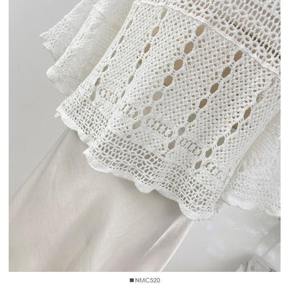 Scallop Trim Flared-Sleeve Knit Top