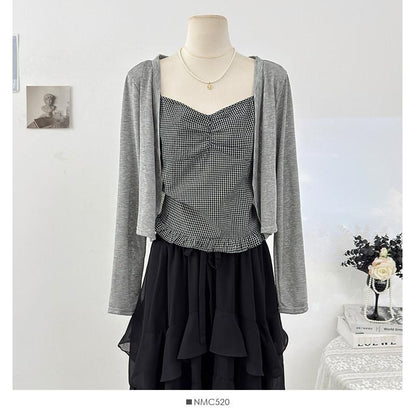 Cardigan & Plaid Ruffle Camisole Ensemble