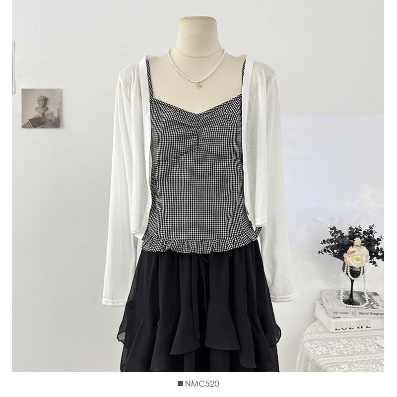 Cardigan & Plaid Ruffle Camisole Ensemble