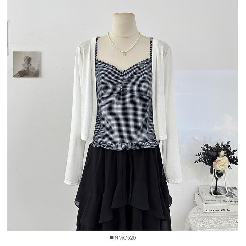 Cardigan & Plaid Ruffle Camisole Ensemble