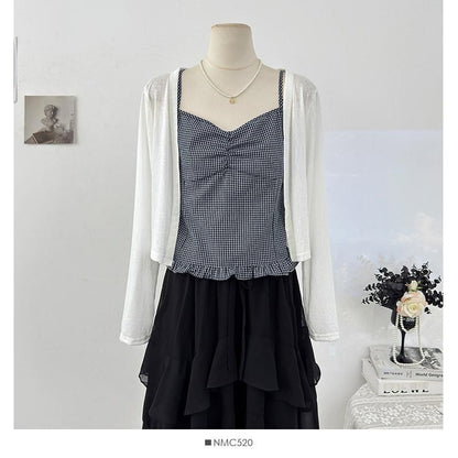 Cardigan & Plaid Ruffle Camisole Ensemble