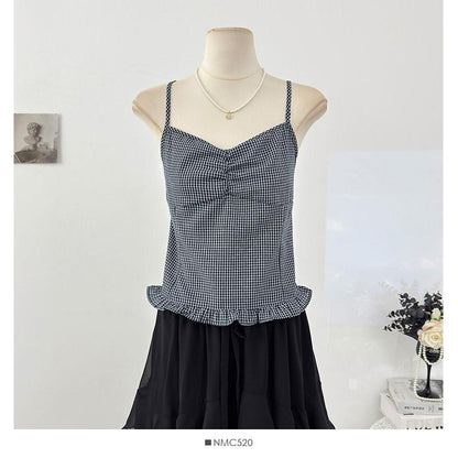 Cardigan & Plaid Ruffle Camisole Ensemble