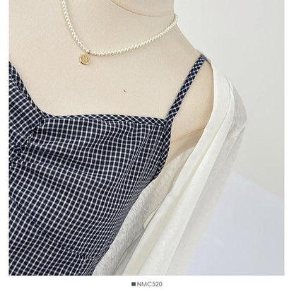 Cardigan & Plaid Ruffle Camisole Ensemble
