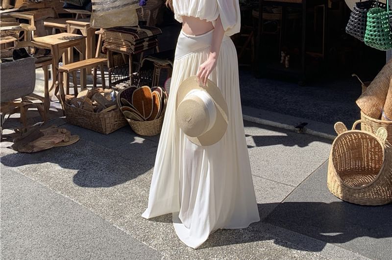 Ruched Cropped Blouse & Maxi A-Line Skirt Set