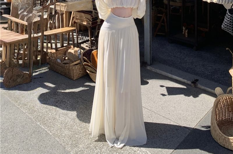 Ruched Cropped Blouse & Maxi A-Line Skirt Set