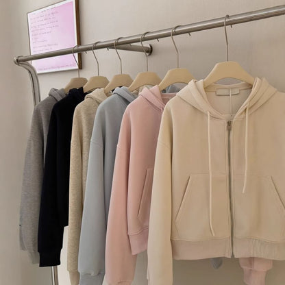 Cropped Zip-Up Plain Hoodie