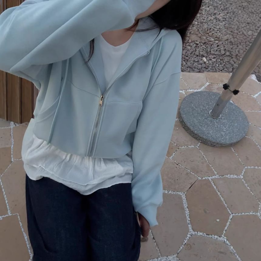 Cropped Zip-Up Plain Hoodie