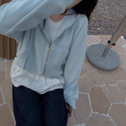 Cropped Zip-Up Plain Hoodie