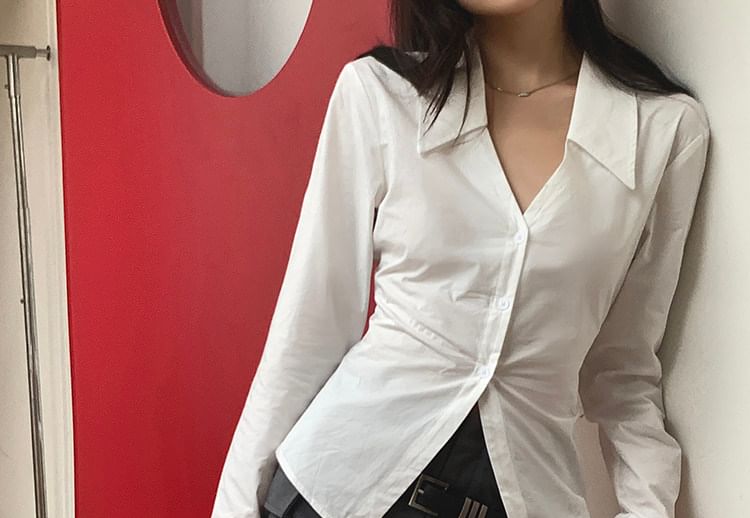 V-Neck Shirt with Flared Sleeves and Solid Pattern