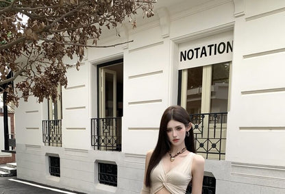 Cropped Halter Top with Front Slit Knot and V-Neck