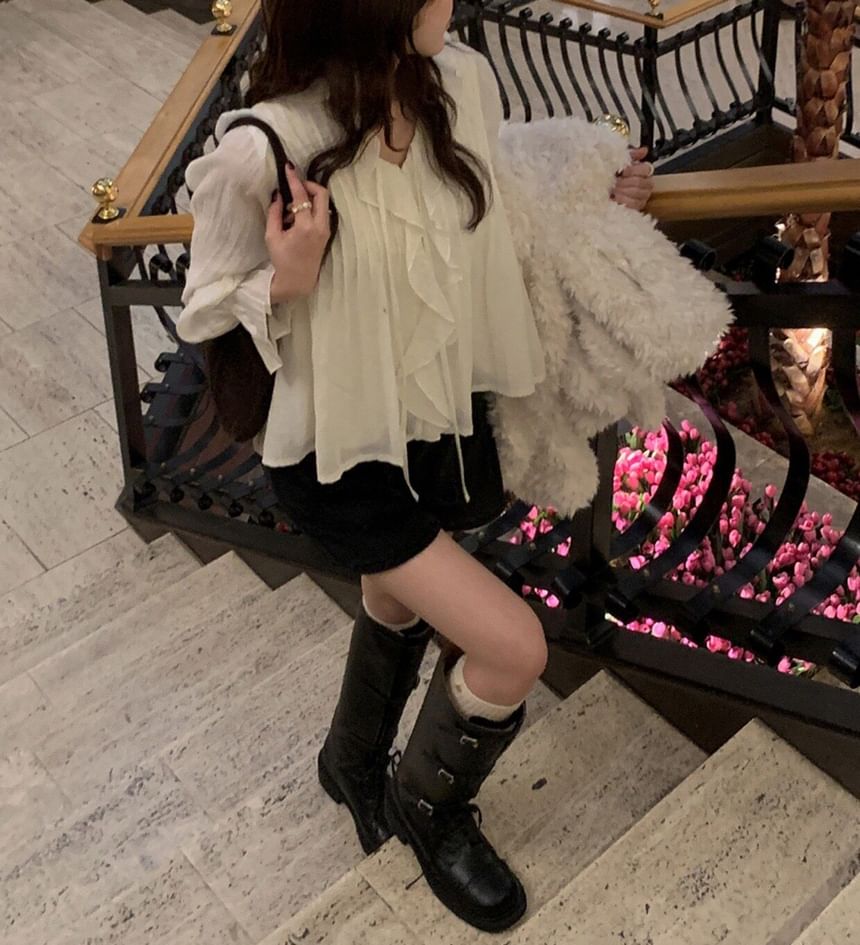 Ruffle Blouse with Puff Sleeves, V-Neck, and Solid Design