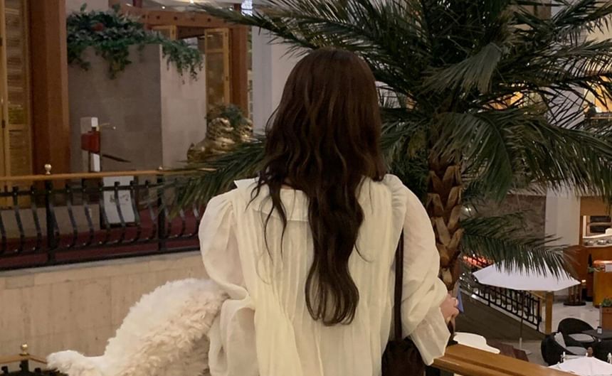 Ruffle Blouse with Puff Sleeves, V-Neck, and Solid Design