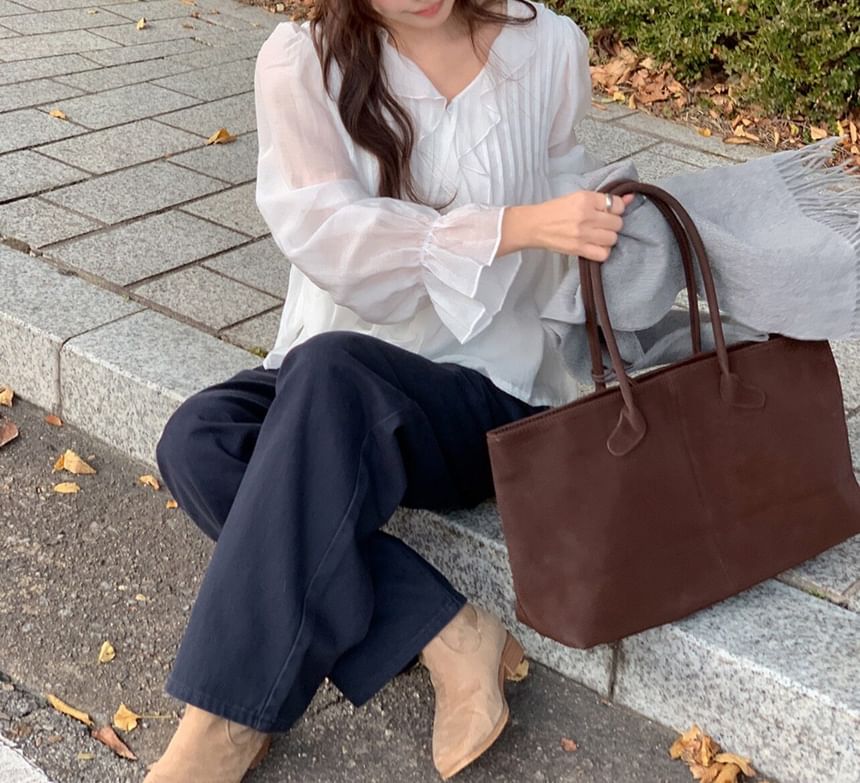 Ruffle Blouse with Puff Sleeves, V-Neck, and Solid Design