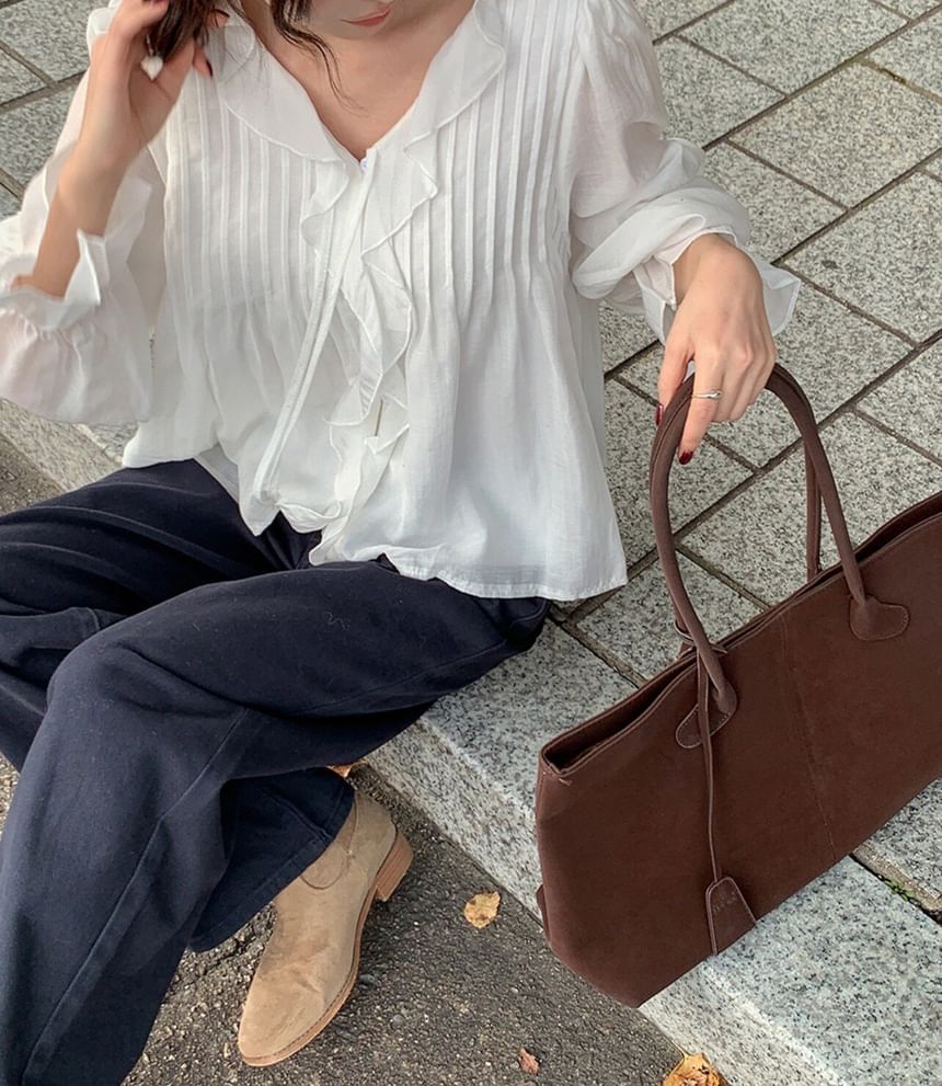 Ruffle Blouse with Puff Sleeves, V-Neck, and Solid Design