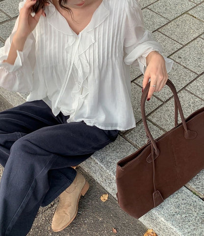 Ruffle Blouse with Puff Sleeves, V-Neck, and Solid Design