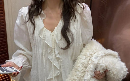 Ruffle Blouse with Puff Sleeves, V-Neck, and Solid Design