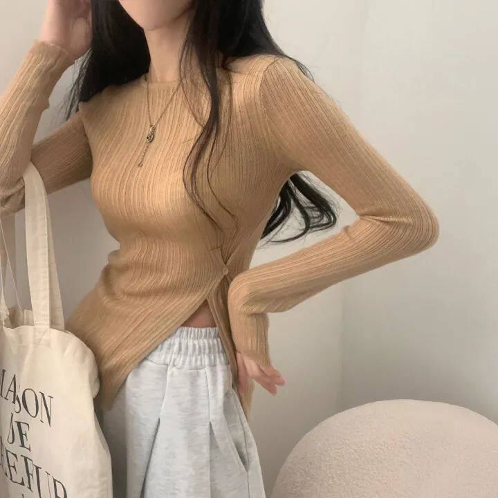 Ribbed Top with Side Slits, Crew Neck, and Long Sleeves