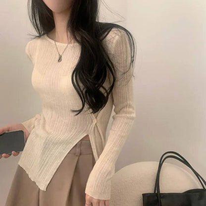 Ribbed Top with Side Slits, Crew Neck, and Long Sleeves