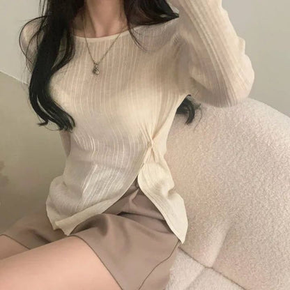 Ribbed Top with Side Slits, Crew Neck, and Long Sleeves