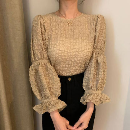 Textured Blouse with Puff Sleeves and Crew Neck in Solid