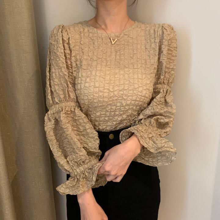 Textured Blouse with Puff Sleeves and Crew Neck in Solid