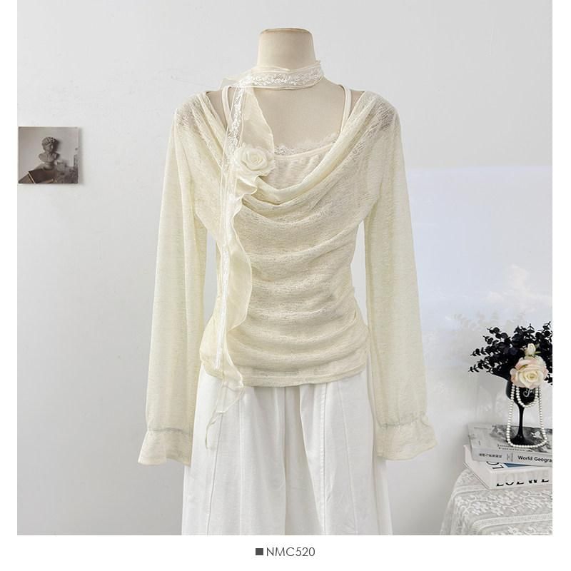 Lace Trim Top with Cowl Neck and Mock Two-Piece Style