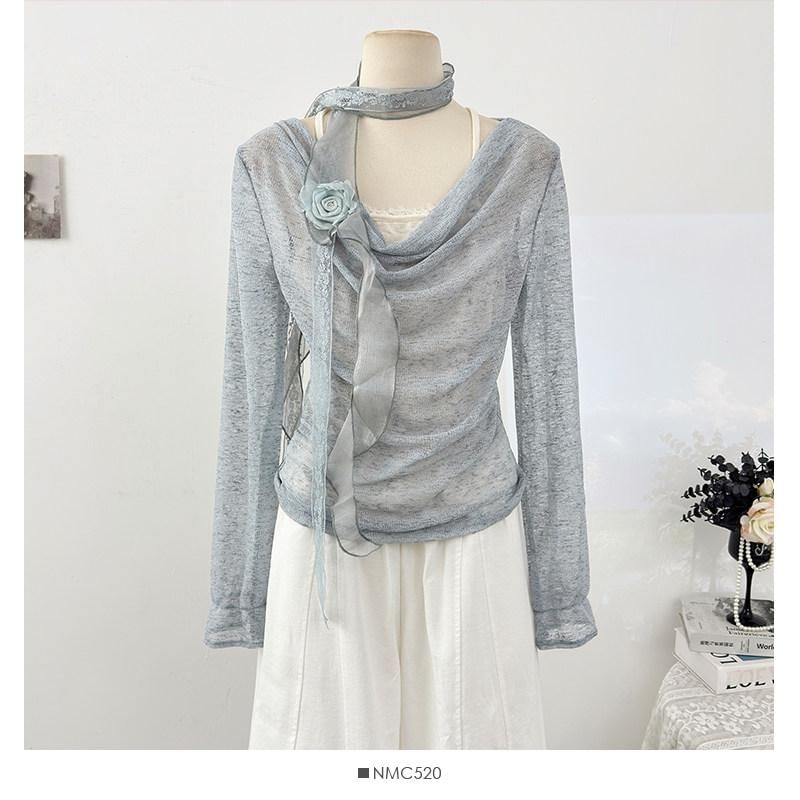 Lace Trim Top with Cowl Neck and Mock Two-Piece Style