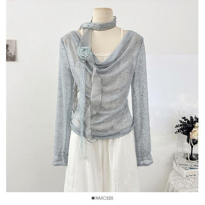 Lace Trim Top with Cowl Neck and Mock Two-Piece Style