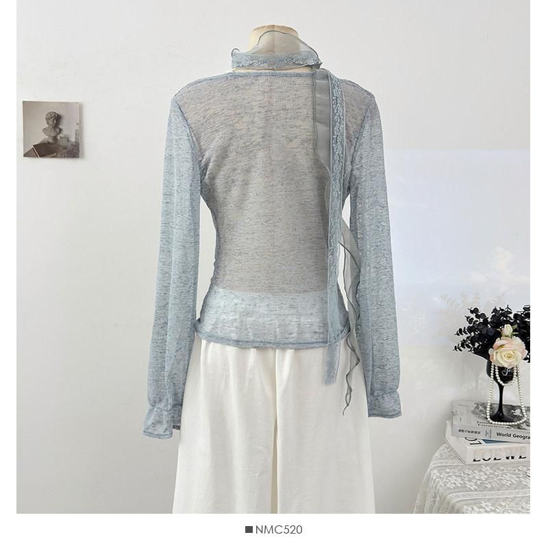 Lace Trim Top with Cowl Neck and Mock Two-Piece Style