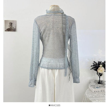Lace Trim Top with Cowl Neck and Mock Two-Piece Style
