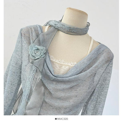 Lace Trim Top with Cowl Neck and Mock Two-Piece Style