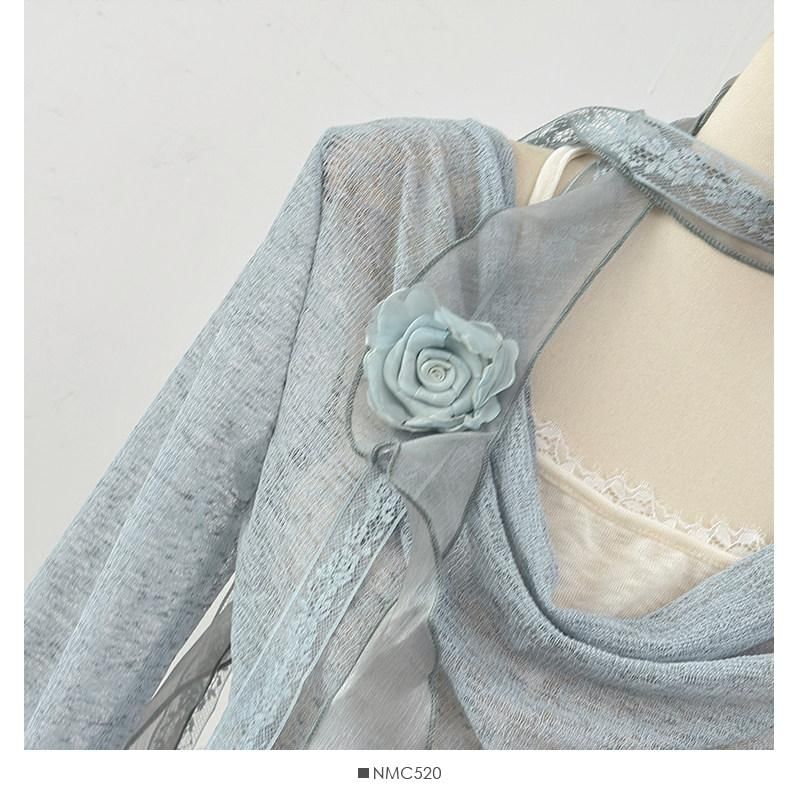Lace Trim Top with Cowl Neck and Mock Two-Piece Style