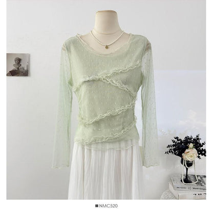 Frill Mesh Top with Round Neck and Long Sleeves in Solid