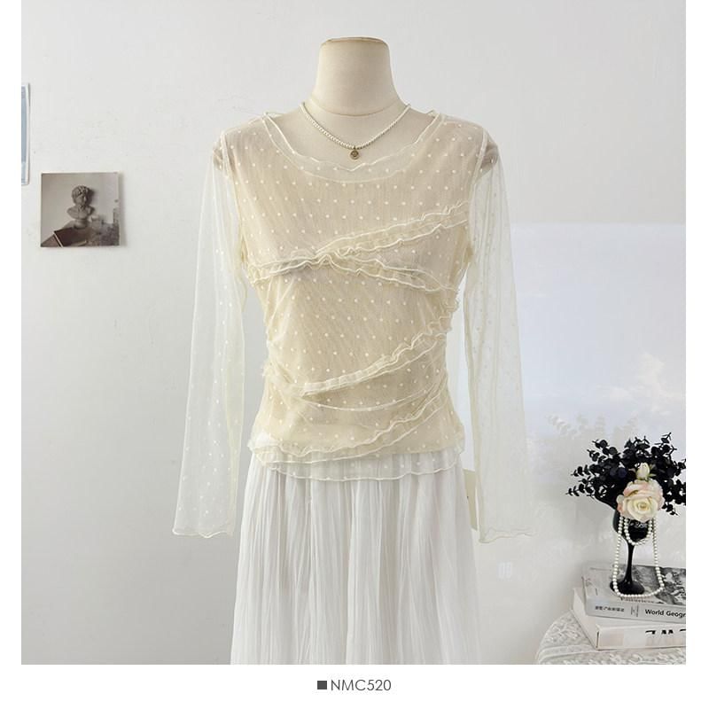 Frill Mesh Top with Round Neck and Long Sleeves in Solid