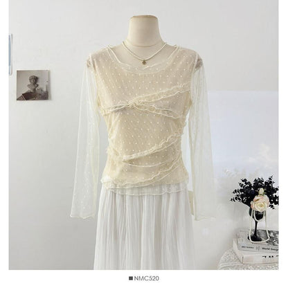 Frill Mesh Top with Round Neck and Long Sleeves in Solid