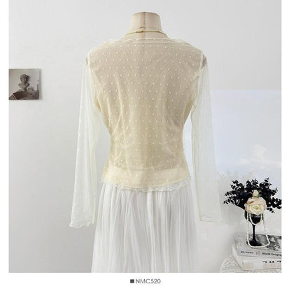 Frill Mesh Top with Round Neck and Long Sleeves in Solid