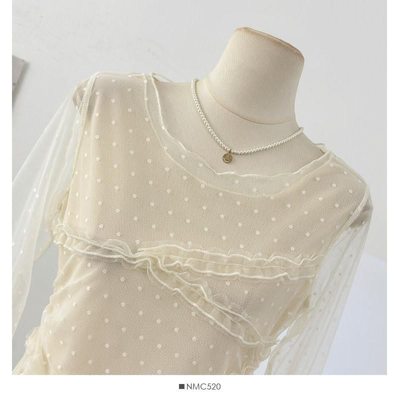 Frill Mesh Top with Round Neck and Long Sleeves in Solid