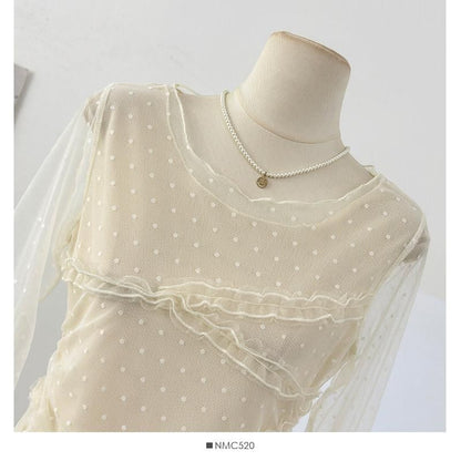 Frill Mesh Top with Round Neck and Long Sleeves in Solid
