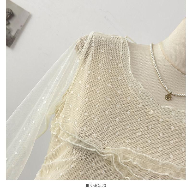 Frill Mesh Top with Round Neck and Long Sleeves in Solid