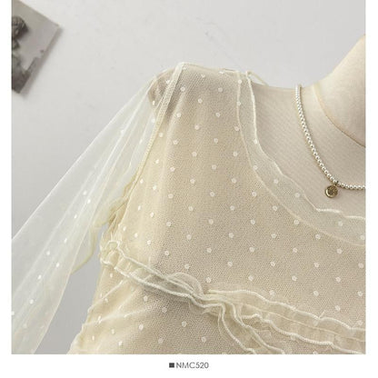 Frill Mesh Top with Round Neck and Long Sleeves in Solid