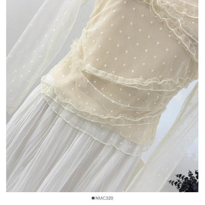 Frill Mesh Top with Round Neck and Long Sleeves in Solid